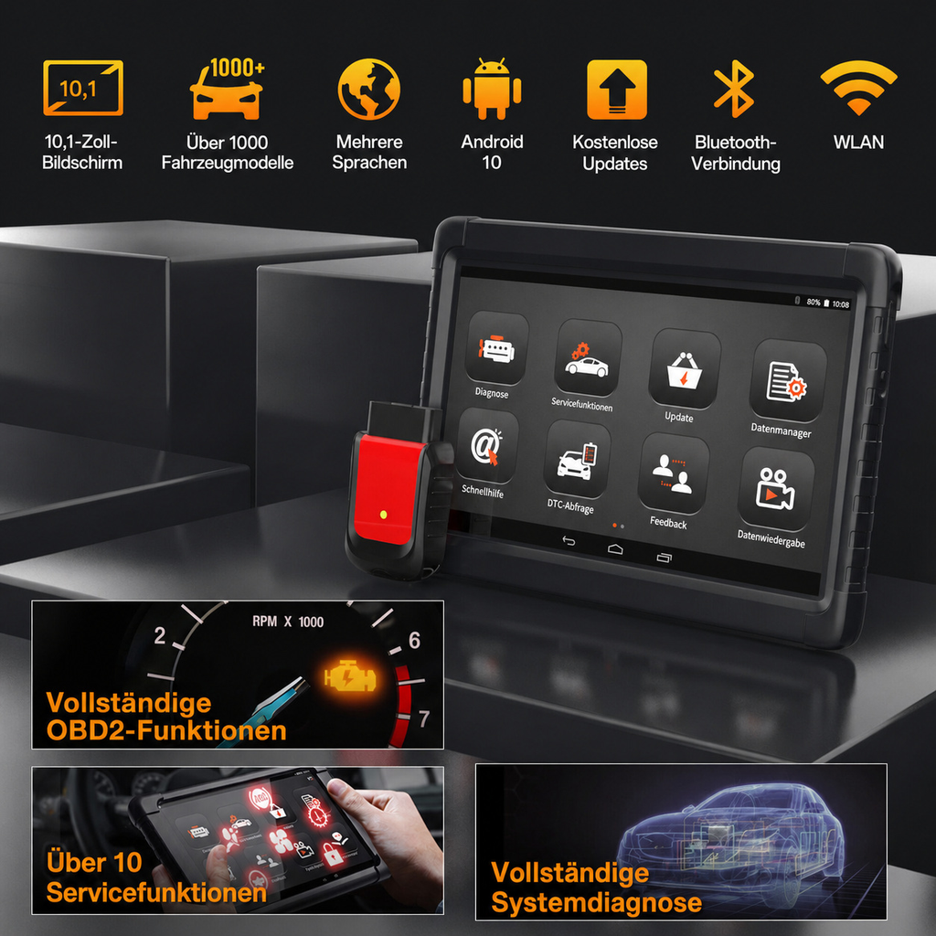 Professionelles 10,1″ OBD2-Diagnosegerät mit Bluetooth