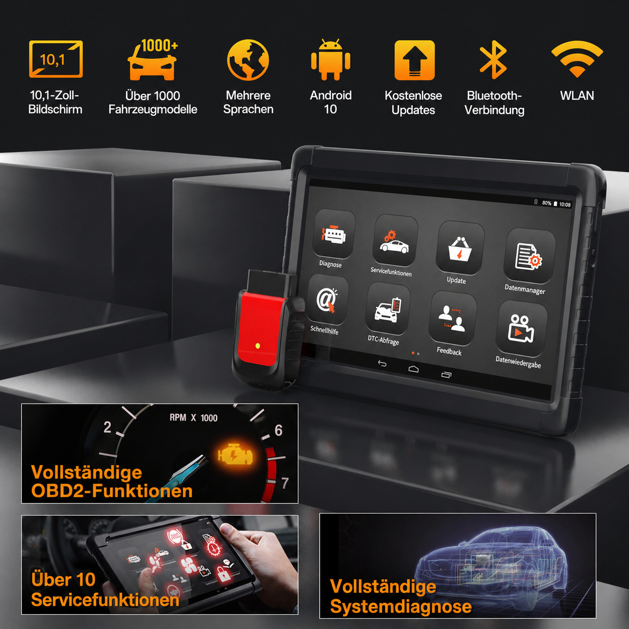 Professionelles 10,1″ OBD2-Diagnosegerät mit Bluetooth